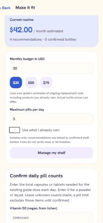 SuppAI Make it fit screen with estimated monthly cost, budget input, and maximum daily pills