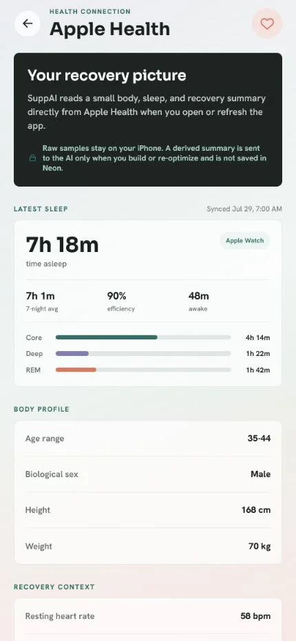 SuppAI Apple Health screen with sleep summary, profile, and recovery context